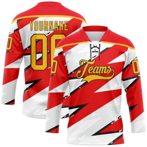 Custom Fire Red Gold Black-White Lightning Hockey Lace Neck Jersey