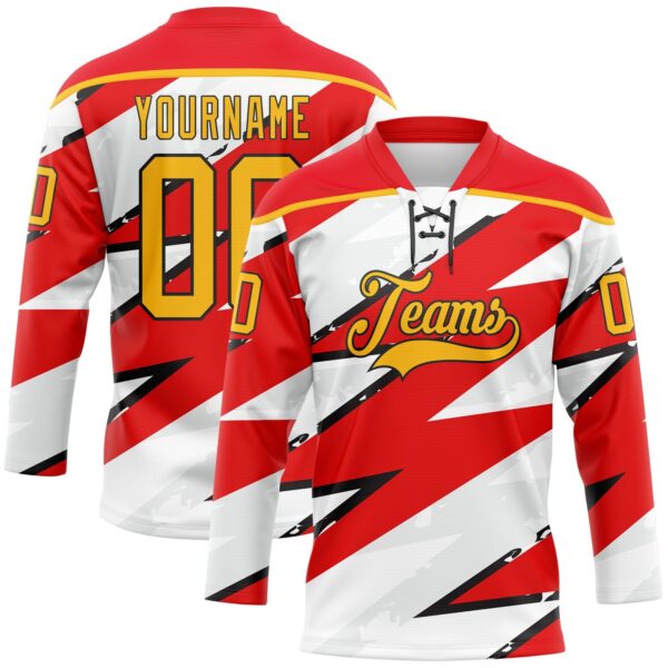 Custom Fire Red Gold Black-White Lightning Hockey Lace Neck Jersey