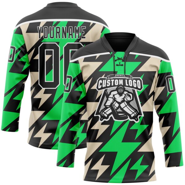 Custom Black Green Cream-White Lightning Hockey Lace Neck Jersey