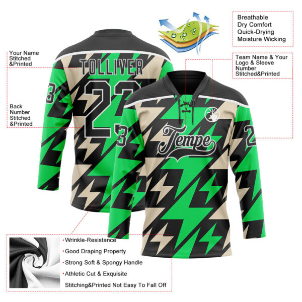 Custom Black Green Cream-White Lightning Hockey Lace Neck Jersey