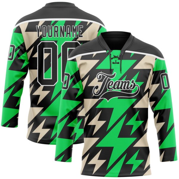 Custom Black Green Cream-White Lightning Hockey Lace Neck Jersey