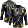 Custom Black Yellow Blue-White Lightning Hockey Lace Neck Jersey