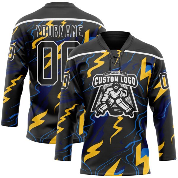 Custom Black Yellow Blue-White Lightning Hockey Lace Neck Jersey