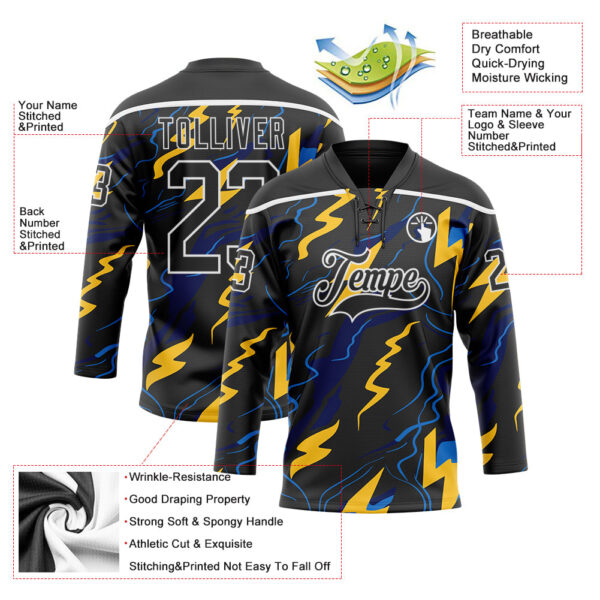 Custom Black Yellow Blue-White Lightning Hockey Lace Neck Jersey