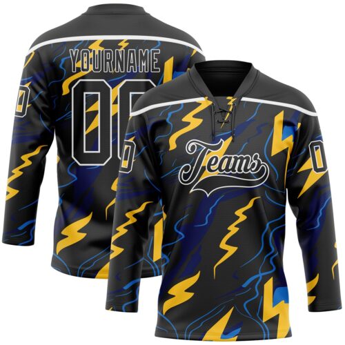 Custom Black Yellow Blue-White Lightning Hockey Lace Neck Jersey