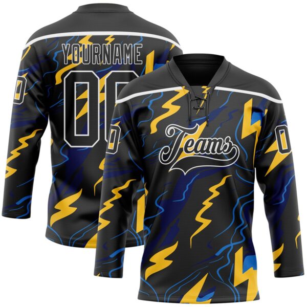 Custom Black Yellow Blue-White Lightning Hockey Lace Neck Jersey