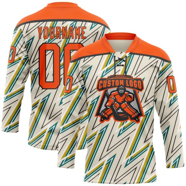 Custom Cream Orange Green Yellow-Black Lightning Hockey Lace Neck Jersey