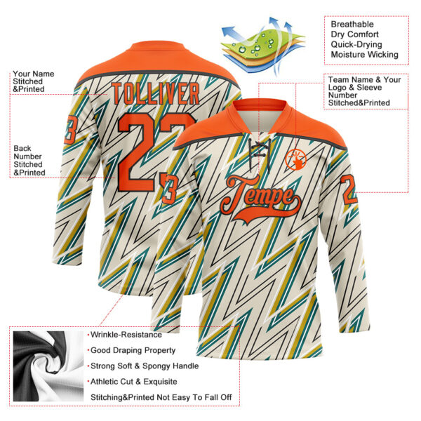 Custom Cream Orange Green Yellow-Black Lightning Hockey Lace Neck Jersey
