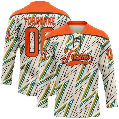 Custom Cream Orange Green Yellow-Black Lightning Hockey Lace Neck Jersey