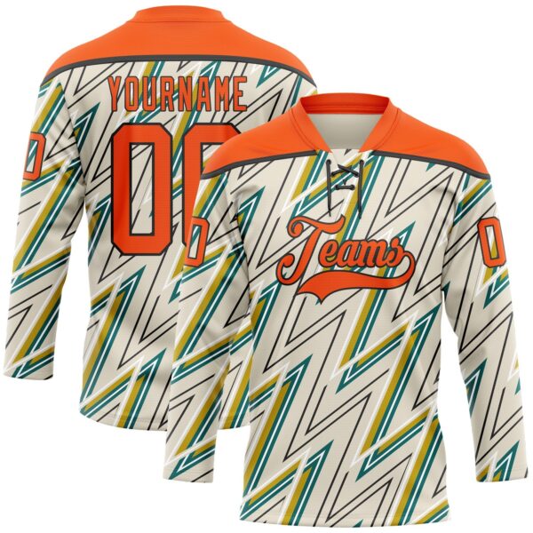 Custom Cream Orange Green Yellow-Black Lightning Hockey Lace Neck Jersey