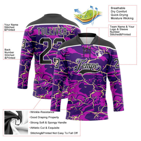 Custom Purple Black Cream-White Lightning Hockey Lace Neck Jersey