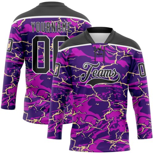 Custom Purple Black Cream-White Lightning Hockey Lace Neck Jersey