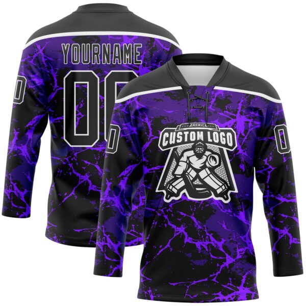 Custom Purple Black-White Lightning Hockey Lace Neck Jersey
