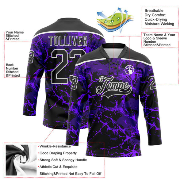 Custom Purple Black-White Lightning Hockey Lace Neck Jersey