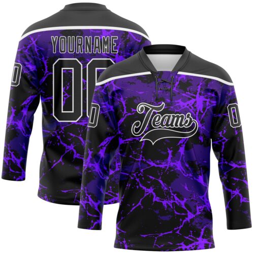 Custom Purple Black-White Lightning Hockey Lace Neck Jersey
