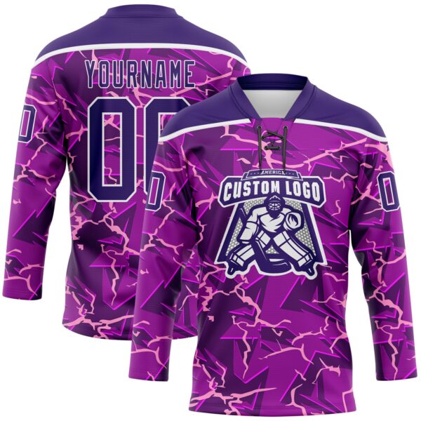 Custom Purple Black Pink-White Lightning Hockey Lace Neck Jersey