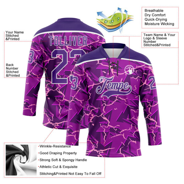 Custom Purple Black Pink-White Lightning Hockey Lace Neck Jersey