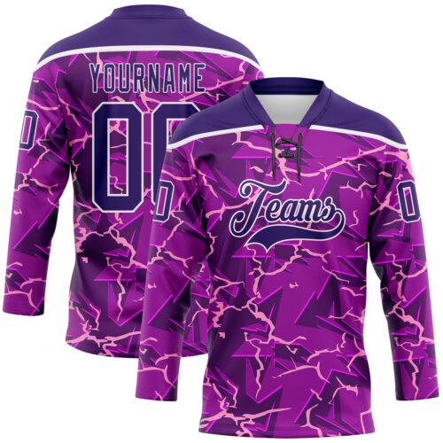 Custom Purple Black Pink-White Lightning Hockey Lace Neck Jersey
