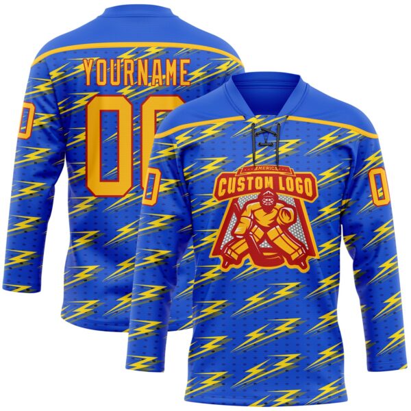 Custom Thunder Blue Gold-Red Lightning Hockey Lace Neck Jersey