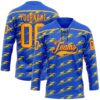 Custom Thunder Blue Gold-Red Lightning Hockey Lace Neck Jersey