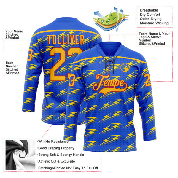 Custom Thunder Blue Gold-Red Lightning Hockey Lace Neck Jersey