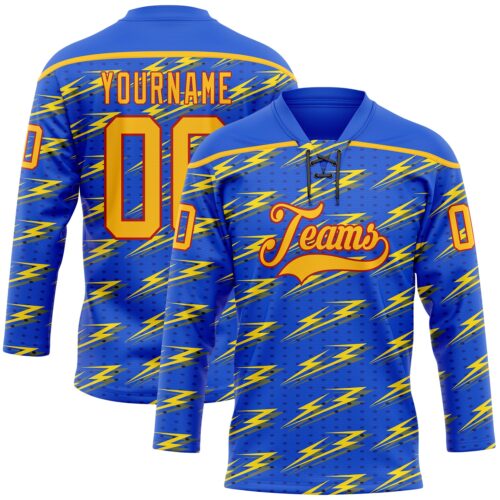 Custom Thunder Blue Gold-Red Lightning Hockey Lace Neck Jersey