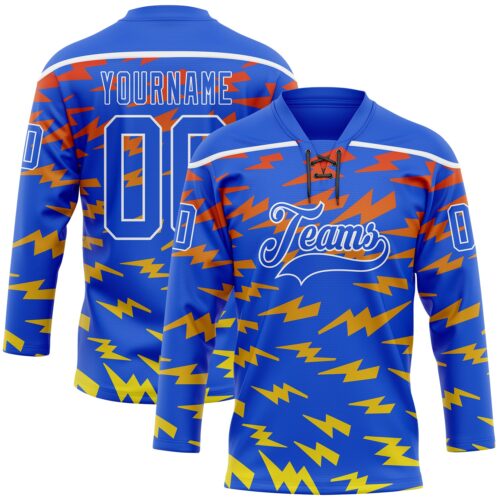 Custom Thunder Blue Red Yellow-White Lightning Hockey Lace Neck Jersey