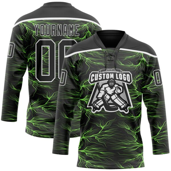 Custom Black Green-White Lightning Hockey Lace Neck Jersey