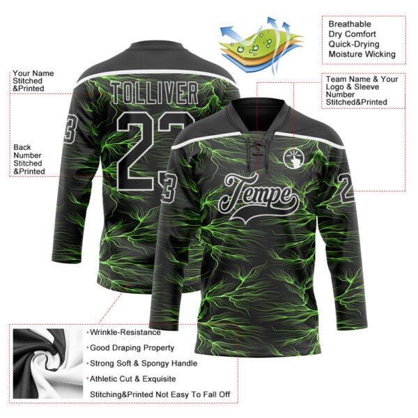 Custom Black Green-White Lightning Hockey Lace Neck Jersey