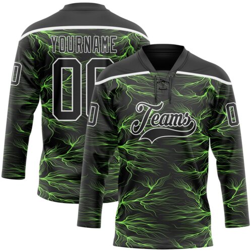 Custom Black Green-White Lightning Hockey Lace Neck Jersey