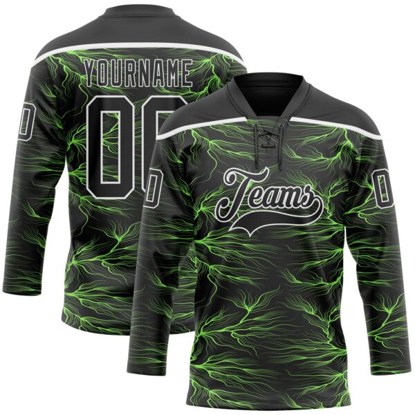 Custom Black Green-White Lightning Hockey Lace Neck Jersey