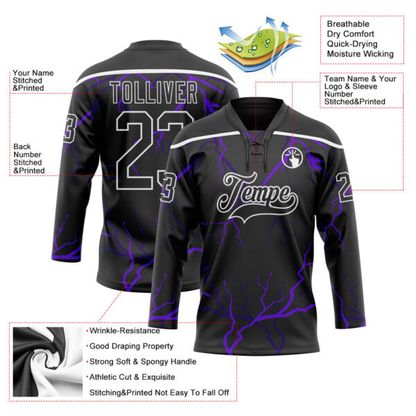 Custom Black Purple-White Lightning Hockey Lace Neck Jersey