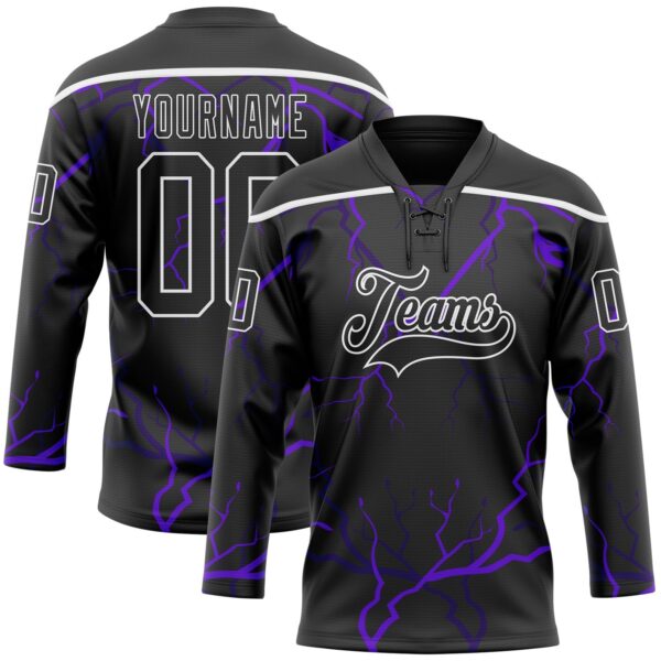 Custom Black Purple-White Lightning Hockey Lace Neck Jersey