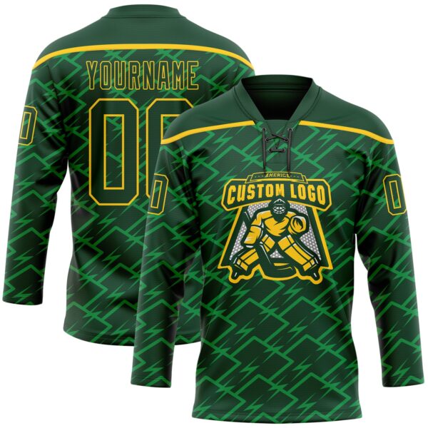 Custom Green Yellow Lightning Hockey Lace Neck Jersey