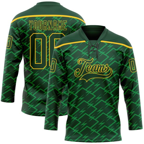 Custom Green Yellow Lightning Hockey Lace Neck Jersey