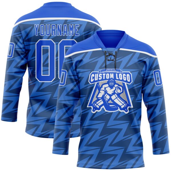 Custom Thunder Blue White Lightning Hockey Lace Neck Jersey