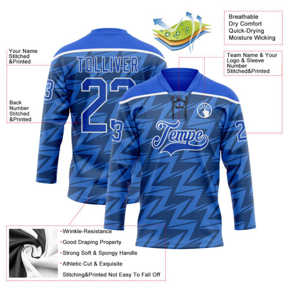 Custom Thunder Blue White Lightning Hockey Lace Neck Jersey