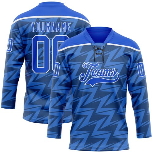 Custom Thunder Blue White Lightning Hockey Lace Neck Jersey