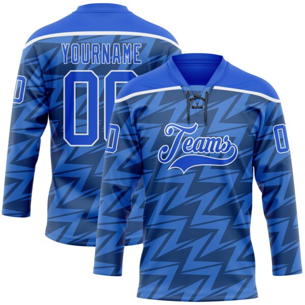 Custom Thunder Blue White Lightning Hockey Lace Neck Jersey