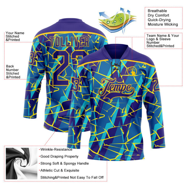 Custom Blue Dark Purple-Yellow Lightning Hockey Lace Neck Jersey