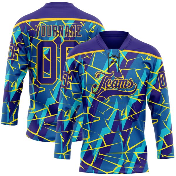 Custom Blue Dark Purple-Yellow Lightning Hockey Lace Neck Jersey