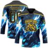 Custom Black Blue Yellow-White Lightning Hockey Lace Neck Jersey