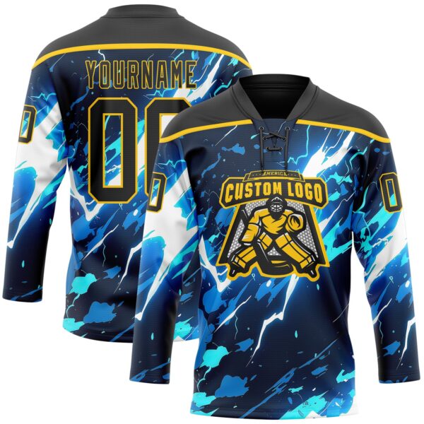 Custom Black Blue Yellow-White Lightning Hockey Lace Neck Jersey
