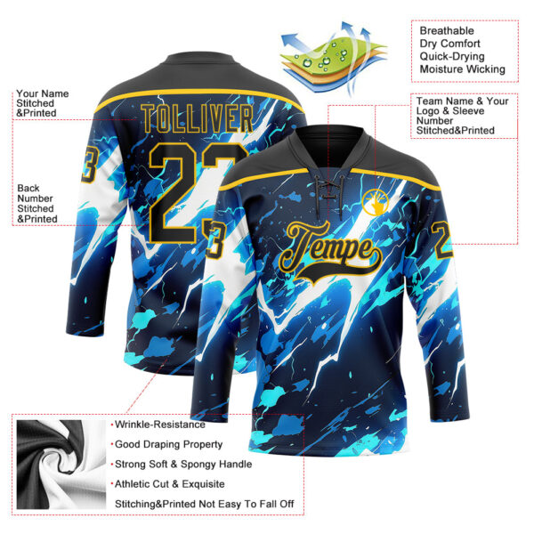 Custom Black Blue Yellow-White Lightning Hockey Lace Neck Jersey