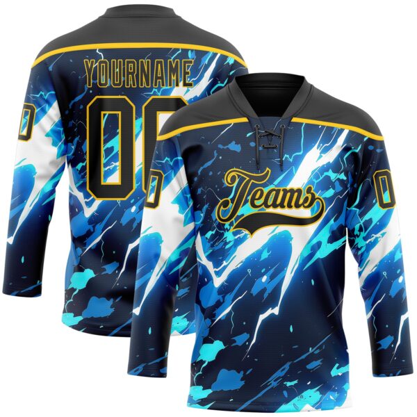 Custom Black Blue Yellow-White Lightning Hockey Lace Neck Jersey
