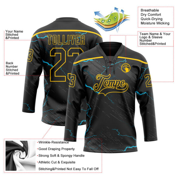 Custom Black Blue-Yellow Lightning Hockey Lace Neck Jersey