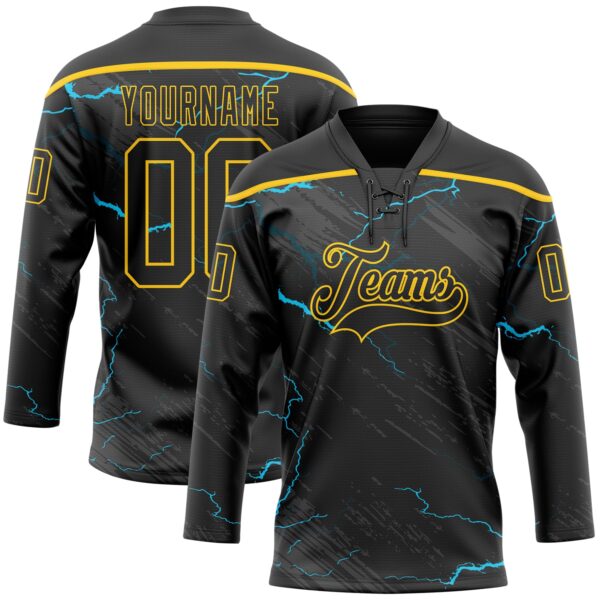 Custom Black Blue-Yellow Lightning Hockey Lace Neck Jersey