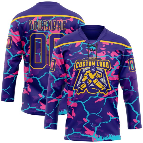 Custom Dark Purple Pink Blue-Yellow Lightning Hockey Lace Neck Jersey