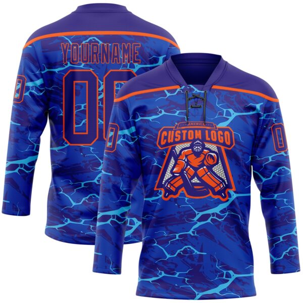 Custom Dark Purple Blue-Orange Lightning Hockey Lace Neck Jersey