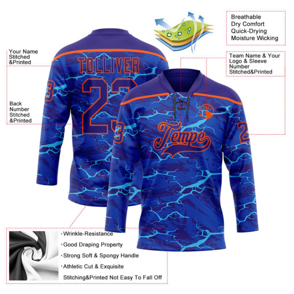 Custom Dark Purple Blue-Orange Lightning Hockey Lace Neck Jersey